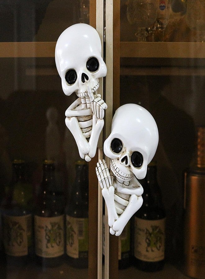JARPSIRY Set of 2 Funny Keep Quiet Skeleton Statue Window Peeker Door Corner Decor, Horror Resin Skull Figurines Gothic Wall Sculpture Spooky Home Halloween Decorations - Image 1